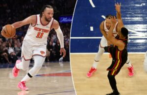 Jalen Brunson, do Knicks, ficou de boca fechada sobre a lesão de CJ McCollum no ‘show da Broadway’ O armador do Atlanta Hawks, CJ McCollum (3), dá um chute e chuta o guarda do New York Knicks, Jalen Brunson (11), na virilha durante o terceiro quarto.