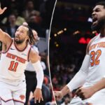 Jalen Brunson comemora após acertar um chute durante a vitória dos Knicks sobre os Hawks em 7 de abril de 2026 em Atlanta.