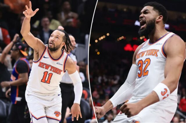 Jalen Brunson e Karl-Anthony Towns encontram a harmonia indescritível dos Jalen Brunson comemora após acertar um chute durante a vitória dos Knicks sobre os Hawks em 7 de abril de 2026 em Atlanta.
