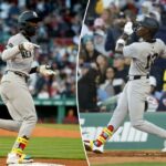 Jazz Chisholm Jr. acerta um home run solo durante o quinto turno da vitória dos Yankees por 4 a 2 sobre o Red Sox em 23 de abril de 2026 no Fenway Park.