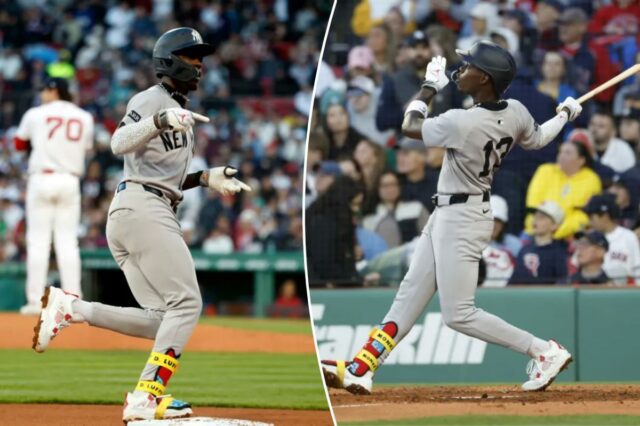 Jazz Chisholm Jr. acerta um home run solo durante o quinto turno da vitória dos Yankees por 4 a 2 sobre o Red Sox em 23 de abril de 2026 no Fenway Park.