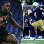 Jeremiyah Love, do Notre Dame Fighting Irish, participando de um exercício no 2026 NFL Scouting Combine.