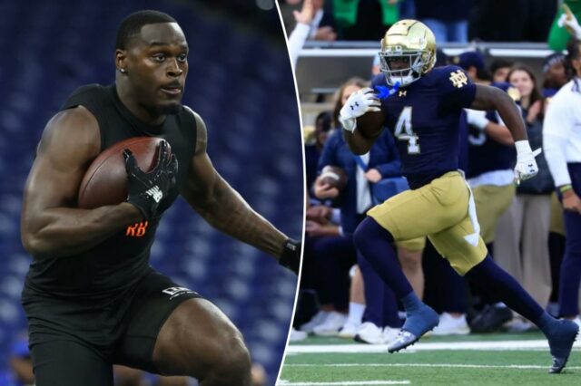 Jeremiyah Love, do Notre Dame Fighting Irish, participando de um exercício no 2026 NFL Scouting Combine.