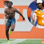 Jermod McCoy corre a corrida de 40 jardas durante o dia profissional de futebol americano da NFL do Tennessee, terça-feira, 31 de março de 2026, em Knoxville, Tennessee.