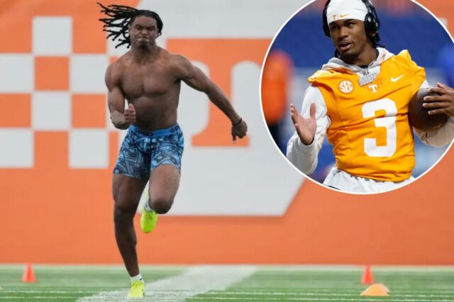 Jermod McCoy corre a corrida de 40 jardas durante o dia profissional de futebol americano da NFL do Tennessee, terça-feira, 31 de março de 2026, em Knoxville, Tennessee. 
