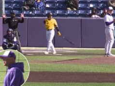 Jogo de beisebol universitário de 21 entradas termina com polêmica recusa O arremessador do St. Thomas, Nolan Kemp (r.), é chamado para uma barreira na 21ª entrada, dando ao norte do Colorado uma vitória por 8-7 em 18 de abril de 2026.