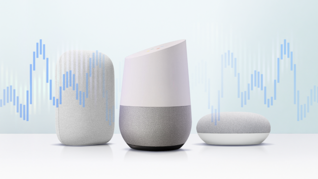 Um grupo de alto-falantes inteligentes Google Home e Nest flutuando em torno de um grande ícone de ponto de exclamação vermelho.
