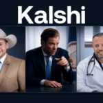 Gráfico de casos de aplicação de Kalshi mostrando três candidatos políticos penalizados pelas regras de apostas do mercado eleitoral, com retratos de Matt Klein, Mark Moran e Ezekiel Enriquez sob a marca Kalshi.