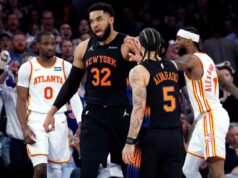 Karl-Anthony Towns domina novamente, já que Hawks não tem resposta para o ajuste dos Knicks Karl-Anthony Towns é recebido por Jose Alvarado comemorando um placar durante a vitória dos Knicks por 126-97 no jogo 5 sobre os Hawks em 28 de abril de 2026 no Madison Square Garden.