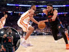 Karl-Anthony Towns se tornou um não-fator quando os Knicks mais precisavam dele O pivô do New York Knicks, Karl-Anthony Towns (32), vai até a cesta contra um jogador do Atlanta Hawks.