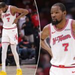 Kevin Durant afastado dos gramados do jogo 1 da série de playoffs Lakers-Rockets