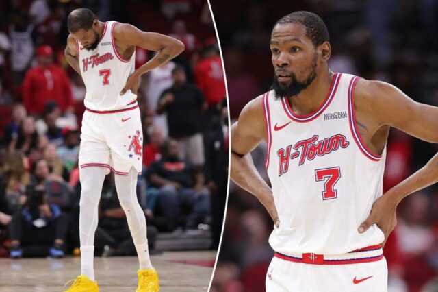 Kevin Durant afastado dos gramados do jogo 1 da série de playoffs Lakers-Rockets
