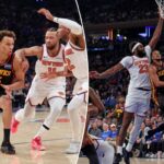 O armador do Atlanta Hawks, Dyson Daniels (5), vai até a cesta durante o segundo quarto do jogo 1 da primeira rodada dos playoffs da NBA.