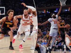 Knicks acionou a chave para neutralizar a estratégia de Hawk, que era um problema crescente O armador do Atlanta Hawks, Dyson Daniels (5), vai até a cesta durante o segundo quarto do jogo 1 da primeira rodada dos playoffs da NBA.