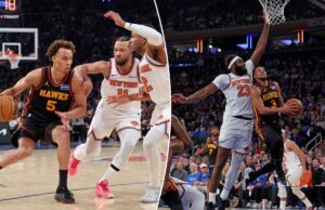 Knicks acionou a chave para neutralizar a estratégia de Hawk, que era um problema crescente O armador do Atlanta Hawks, Dyson Daniels (5), vai até a cesta durante o segundo quarto do jogo 1 da primeira rodada dos playoffs da NBA.