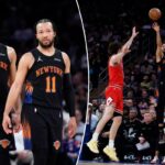 Josh Hart nº 3 do New York Knicks e o guarda Jalen Brunson nº 11 do New York Knicks falam na quadra durante o primeiro tempo no Madison Square Garden, sexta-feira, 3 de abril de 2026, em Nova York, NY.