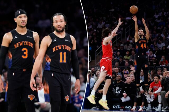 Knicks entrando na última chance de acalmar tendência preocupante antes Josh Hart nº 3 do New York Knicks e o guarda Jalen Brunson nº 11 do New York Knicks falam na quadra durante o primeiro tempo no Madison Square Garden, sexta-feira, 3 de abril de 2026, em Nova York, NY.