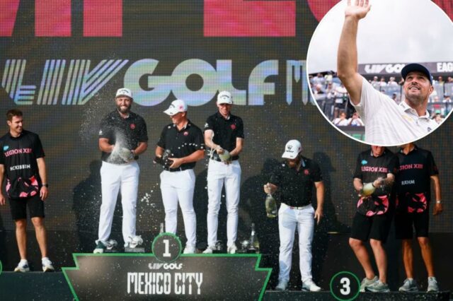 LIV Golf Mexico - Club de Golf Chapultepec, Cidade do México, México - 19 de abril de 2026 Jon Rahm, Tyrrell Hatton, Tom McKibbin e Caleb Surratt da Legion XIII comemoram a vitória na competição por equipes LIV Golf Mexico City