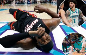 LaMelo Ball aprende punição da NBA após tropeçar em Bam Adebayo: ‘Contato imprudente’ Um jogador de basquete de uniforme preto e vermelho segurando uma bola de basquete, saltando sobre outro jogador de uniforme branco e verde que caiu no chão.