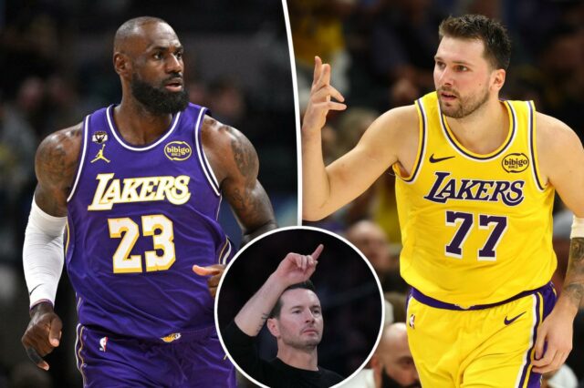 Lakers garantem vaga nos playoffs, Divisão do Pacífico com derrota LeBron James, vestindo uma camisa roxa e amarela do Lakers com