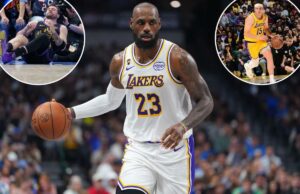LeBron James fora do jogo em casa do Lakers contra o Thunder LeBron James driblando contra o Dallas Mavericks.
