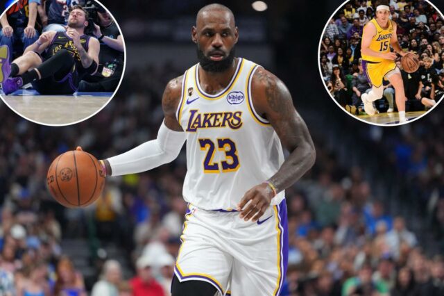 LeBron James fora do jogo em casa do Lakers contra LeBron James driblando contra o Dallas Mavericks.
