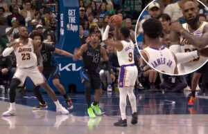 LeBron James permite que o filho Bronny ouça imediatamente após o erro durante a derrota do Lakers para o Mavericks LeBron James, com a camisa do Lakers, gesticula com os braços cruzados enquanto conversa com seu filho, Bronny James Jr., com a camisa do Lakers.