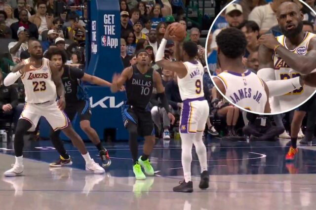 LeBron James permite que o filho Bronny ouça imediatamente após LeBron James, com a camisa do Lakers, gesticula com os braços cruzados enquanto conversa com seu filho, Bronny James Jr., com a camisa do Lakers.