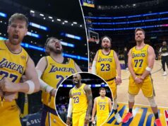 LeBron e ‘imitadores’ de Luka perdem seis dígitos para sentar na quadra no jogo 1 com um gol Dois torcedores do Lakers, Tom Biddle e Mantis Taylor, vestindo camisas de Luka Doncic e Lebron James respectivamente, comemoram nas arquibancadas.