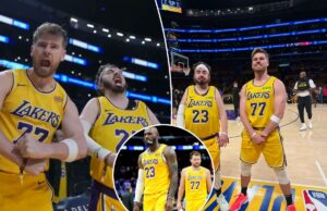 LeBron e ‘imitadores’ de Luka perdem seis dígitos para sentar na quadra no jogo 1 com um gol Dois torcedores do Lakers, Tom Biddle e Mantis Taylor, vestindo camisas de Luka Doncic e Lebron James respectivamente, comemoram nas arquibancadas.