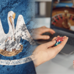 Projeto de lei da Louisiana tem como alvo sites de sorteios e seus financiadores. Imagem composta mostrando a bandeira do estado da Louisiana com um pelicano à esquerda e, à direita, uma pessoa segurando fichas de cassino enquanto usa um laptop exibindo um jogo de roleta online, com dados na mesa em primeiro plano.