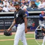 O arremessador dos Yankees, Luis Gil # 81, sai do monte após ser retirado do jogo na 3ª entrada.