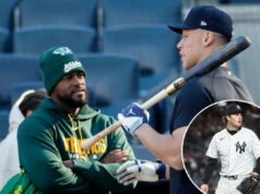 Luis Severino diz que o céu é o limite para Cam Schlittler: ‘Ele é elétrico’ Luis Severino conversa com Aaron Judge antes da vitória dos Yankees por 5 a 3 sobre os A's em 7 de abril de 2026, no Stadium.