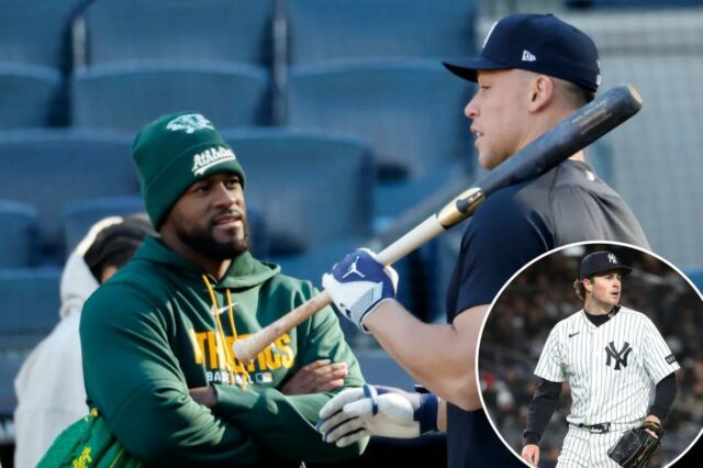 Luis Severino diz que o céu é o limite para Luis Severino conversa com Aaron Judge antes da vitória dos Yankees por 5 a 3 sobre os A's em 7 de abril de 2026, no Stadium.