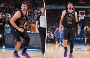 Luka Doncic deixa o Lakers-Thunder com lesão no tendão esquerdo Luka Dončić, vestindo uma camisa preta do Lakers com