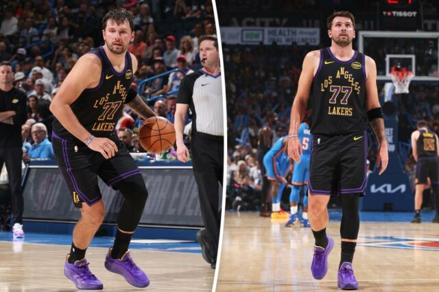 Luka Dončić, vestindo uma camisa preta do Lakers com 