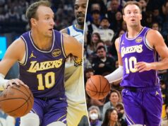 Luke Kennard, do Lakers, prosperando em uma nova função com maior uso da bola O guarda do Los Angeles Lakers, Luke Kennard, vai até a cesta contra o guarda do Golden State Warriors, De'Anthony Melton.