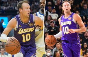 Luke Kennard, do Lakers, prosperando em uma nova função com maior uso da bola O guarda do Los Angeles Lakers, Luke Kennard, vai até a cesta contra o guarda do Golden State Warriors, De'Anthony Melton.
