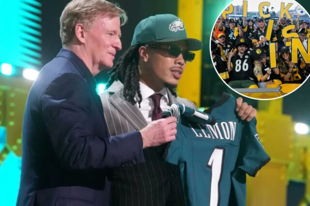 O recebedor do Southern California Trojans, Makai Lemon, é selecionado pelo Philadelphia Eagles como a escolha número 20 durante o Draft de 2026 da NFL no Acrisure Stadium. 