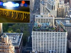 Maníaco corta transeunte em ataque aleatório fora do ponto quente do distrito de Flatiron em Nova York: fontes 230 quinto bar na cobertura no topo do edifício Victoria com vista para o Madison Square Park, no centro de Manhattan, Nova York, EUA