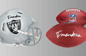 Mercadoria de Fernando Mendoza sendo vendida por milhares de pessoas on-line enquanto a escolha principal do draft da NFL chega a Las Vegas Fernando Mendoza Las Vegas Raiders Autographed Fanatics Autêntico Riddell Speed Mini Capacete