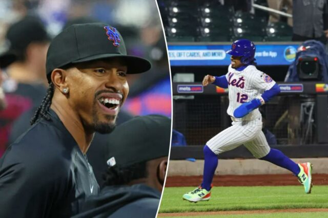 O shortstop do Mets, Francisco Lindor (12), no banco de reservas quando o New York Mets jogou contra o Colorado Rockies na sexta-feira, 24 de abril de 2026