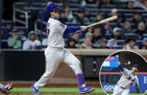 Mets ultrapassou Twins para pôr fim à derrapagem brutal de 12 jogos, mas perdeu Francisco Lindor devido a lesão Mark Vientos dá o sinal verde na oitava entrada da vitória do Mets por 3-2 sobre os Twins em 22 de abril de 2026 no Citi Field.