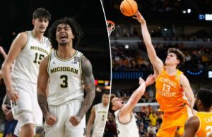 Michigan mantém o armador Elliot Cadeau e adiciona transferência enquanto busca a repetição do March Madness Elliot Cadeau (3) de Michigan reage enquanto seu companheiro de equipe Aday Mara (15) assiste durante a primeira metade de um jogo de torneio de basquete universitário da NCAA.