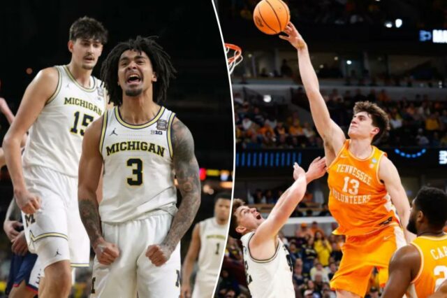 Elliot Cadeau (3) de Michigan reage enquanto seu companheiro de equipe Aday Mara (15) assiste durante a primeira metade de um jogo de torneio de basquete universitário da NCAA.