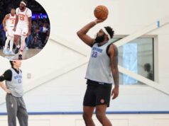 Mike Brown, do Knicks, está pronto para lidar com a possível tática ‘Hack-A-Mitch’ Mitchell Robinson nº 23 do New York Knicks pratica lances livres, vestindo uma camisa cinza e shorts pretos.