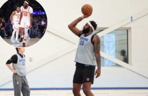 Mike Brown, do Knicks, está pronto para lidar com a possível tática ‘Hack-A-Mitch’ Mitchell Robinson nº 23 do New York Knicks pratica lances livres, vestindo uma camisa cinza e shorts pretos.