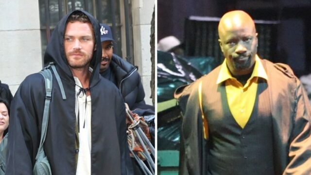 Mike Colter e Finn Jones são vistos no set de 'Demolidor: Nascido de Novo' com a co-estrela de 'Defensores' Krysten Ritter
