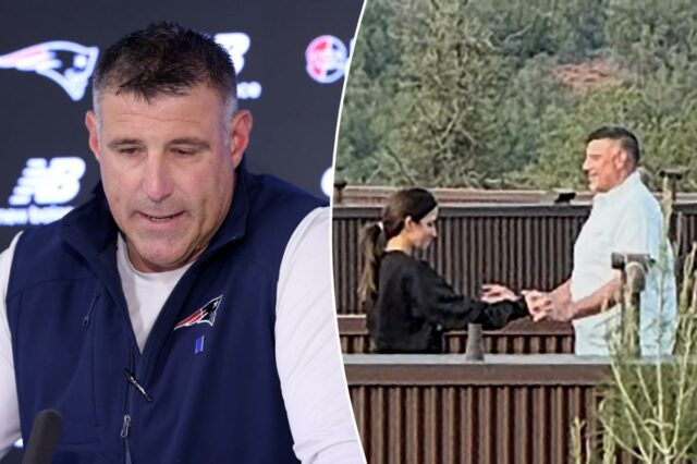 O técnico do New England Patriots, Mike Vrabel, fala em entrevista coletiva.