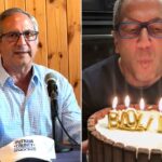 Peter Chatzky soprando velas de aniversário que soletram